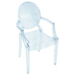 Chaise design avec des accoudoirs en plexiglas transparent, style louis ghost